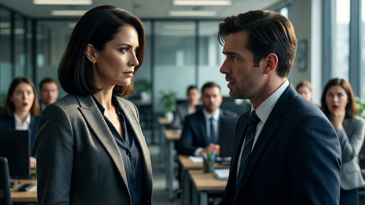 Dramatic moment of confrontation. The manager, a resolute woman in an elegant business outfit, stands with an iron gaze before a young, nervous manager in an open office area. Her expression is cold as steel, her posture upright and authoritative. The manager appears small and intimidated, squirming. In the background, blurred, shocked faces of other employees can be seen. The light is dramatic, falling from the side and creating strong contrasts between light and shadow, symbolizing the moral chasm. Style: cinematic, high emotional tension, focus on facial expressions.