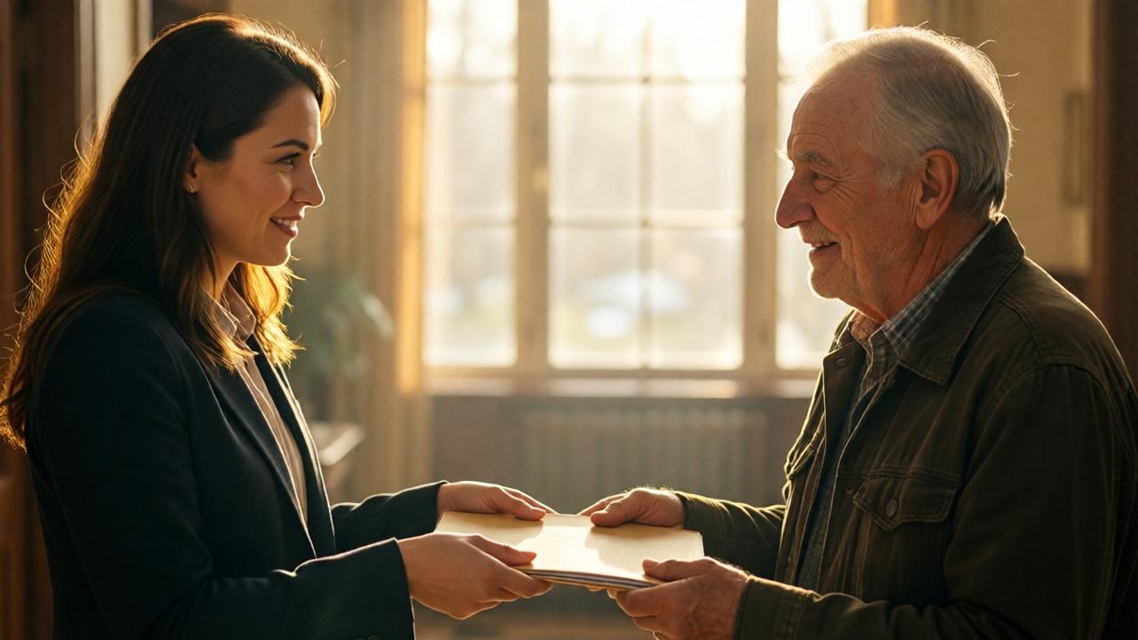 Emotional, hopeful conclusion. The manager respectfully hands the older gentleman his folder back in the foyer with both hands. Her expression is warm, empathetic, and determined. A soft, golden light from a large window falls on the scene, surrounding them with an almost sacred aura and dispelling the cold mood of the beginning. Relief and incredulous gratitude are etched on the old man's face, a first tentative smile. The composition is intimate, focused on the exchange between their hands and gazes. Style: emotional realism, warm color palette, soft light of hope.