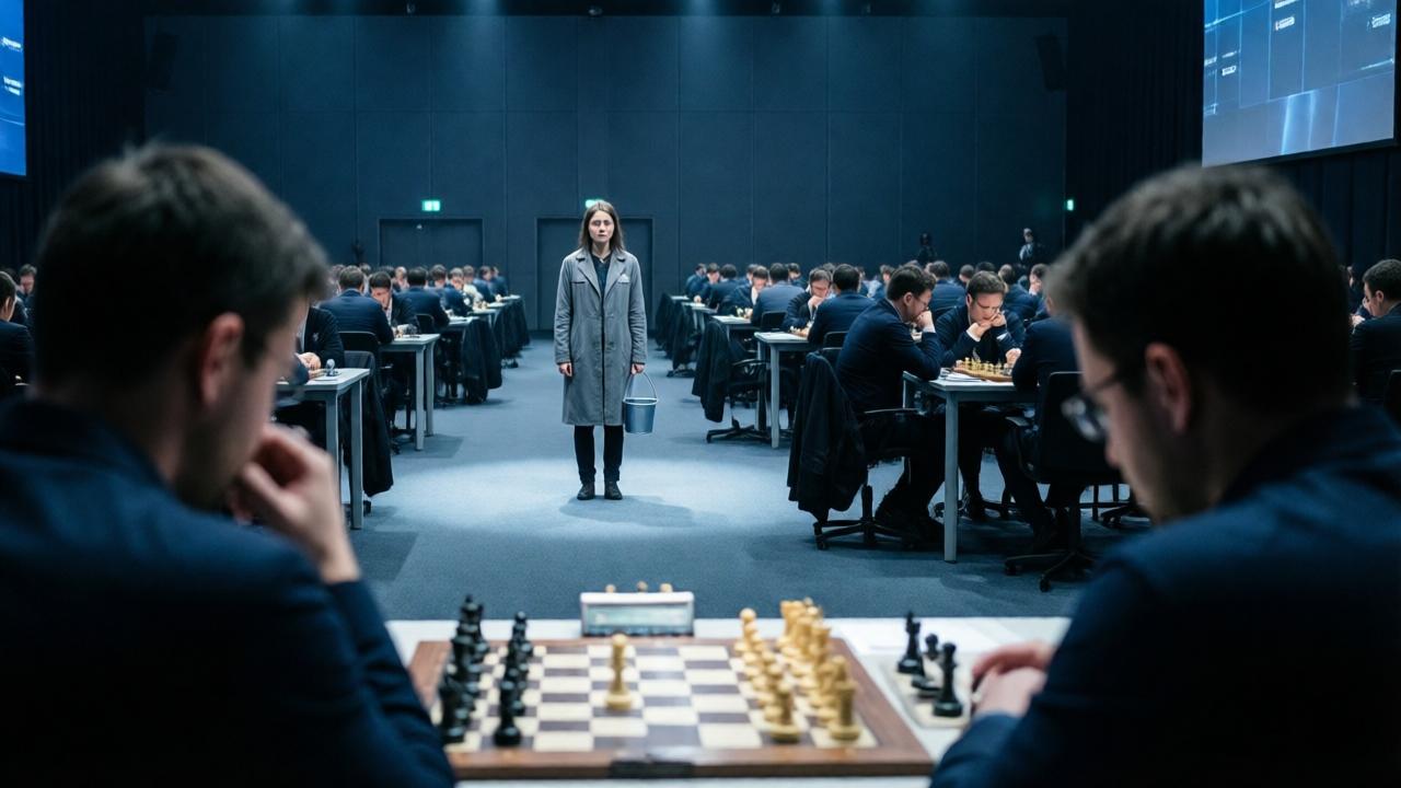 Cinematic shot of a huge, modern chess tournament hall at night. In the foreground, out of focus and from the perspective of a peripheral piece, concentrated players can be seen at illuminated boards. In the background, small and isolated in a beam of light, stands a young woman in a gray work uniform with a cleaning bucket. The atmosphere is solemn, cold, and distant, dominated by blue and gray tones. The composition emphasizes her loneliness and separation from the world of the tournament.