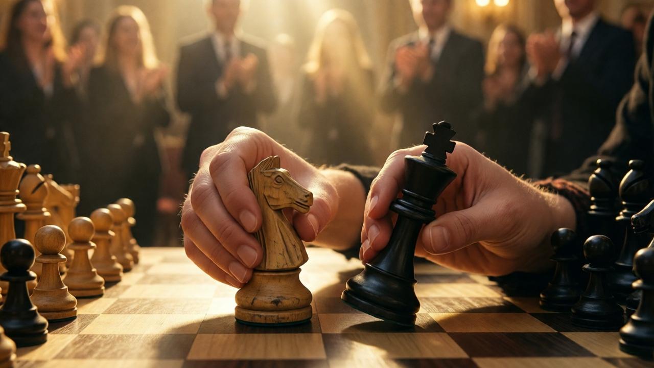 Emotional, warmly lit close-up of Lena's hands on the chessboard after the victory. One hand gently holds the small, worn white knight made of wood. The other hand gently touches the fallen black king. In the background, blurred, the standing, applauding hall can be seen. The light is golden and soft, like a sunbeam isolating her. The atmosphere is overwhelming, triumphant, and deeply sad at the same time. The focus is on the touch, the connection between past and present.