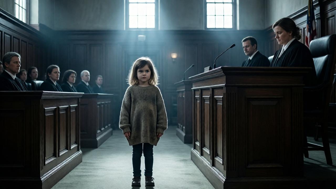 A six-year-old girl in a faded oversized sweater stands alone in the middle of a tall, dark courtroom with dark wood. She looks determinedly at an elevated judge's bench. Dramatic light falls through high windows, illuminating her small body while the shadows of the attending lawyers and spectators stretch long on the walls. Photorealistic, high contrast, emotional tension, cool color palette.