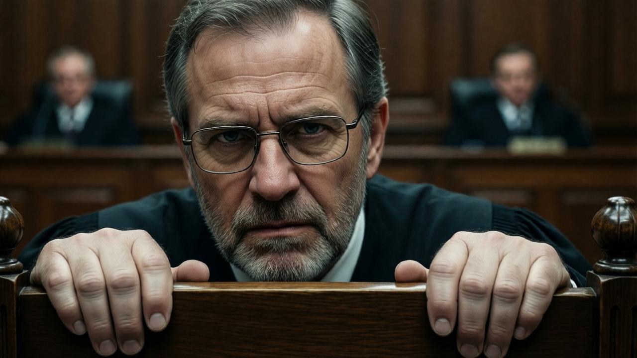 Close-up of Judge Wagner. An older man with a stern face and iron eyes behind glasses. His hands grip the armrests of his judge's chair so tightly that the knuckles turn white. The courtroom is blurred in the background. Dramatic lighting emphasizes the hardness and inner tension in his facial features. Cinematic style, dark tones.