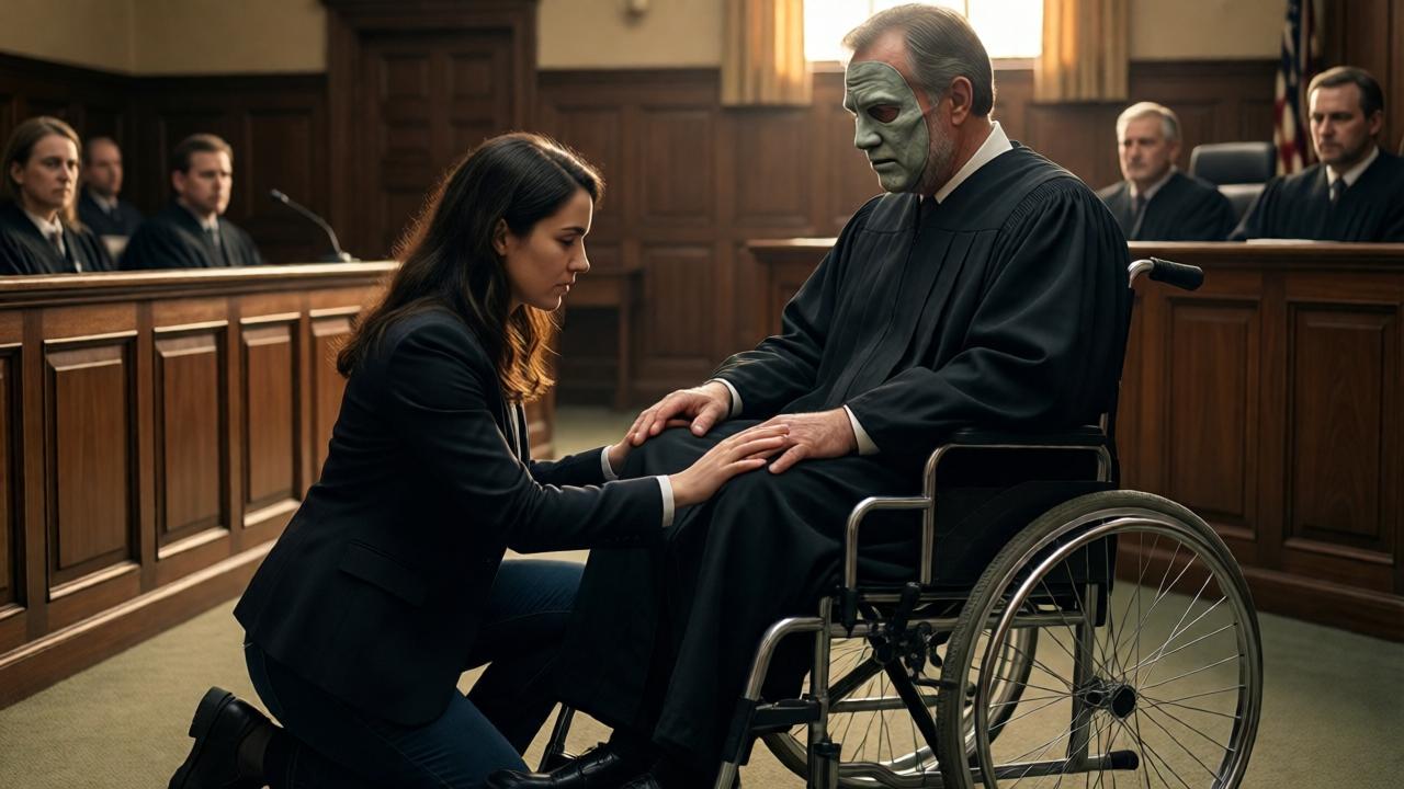 Lara kneels in front of Judge Wagner's wheelchair. She concentrates as she places her small hands on his motionless knees. His face is a mask of skepticism and hidden hope. Around them, the courtroom is deathly silent, all eyes are on the pair. Warm, focused light falls on them while the rest of the room is in half-shadow. Emotional, detailed, moment of silence before the storm.