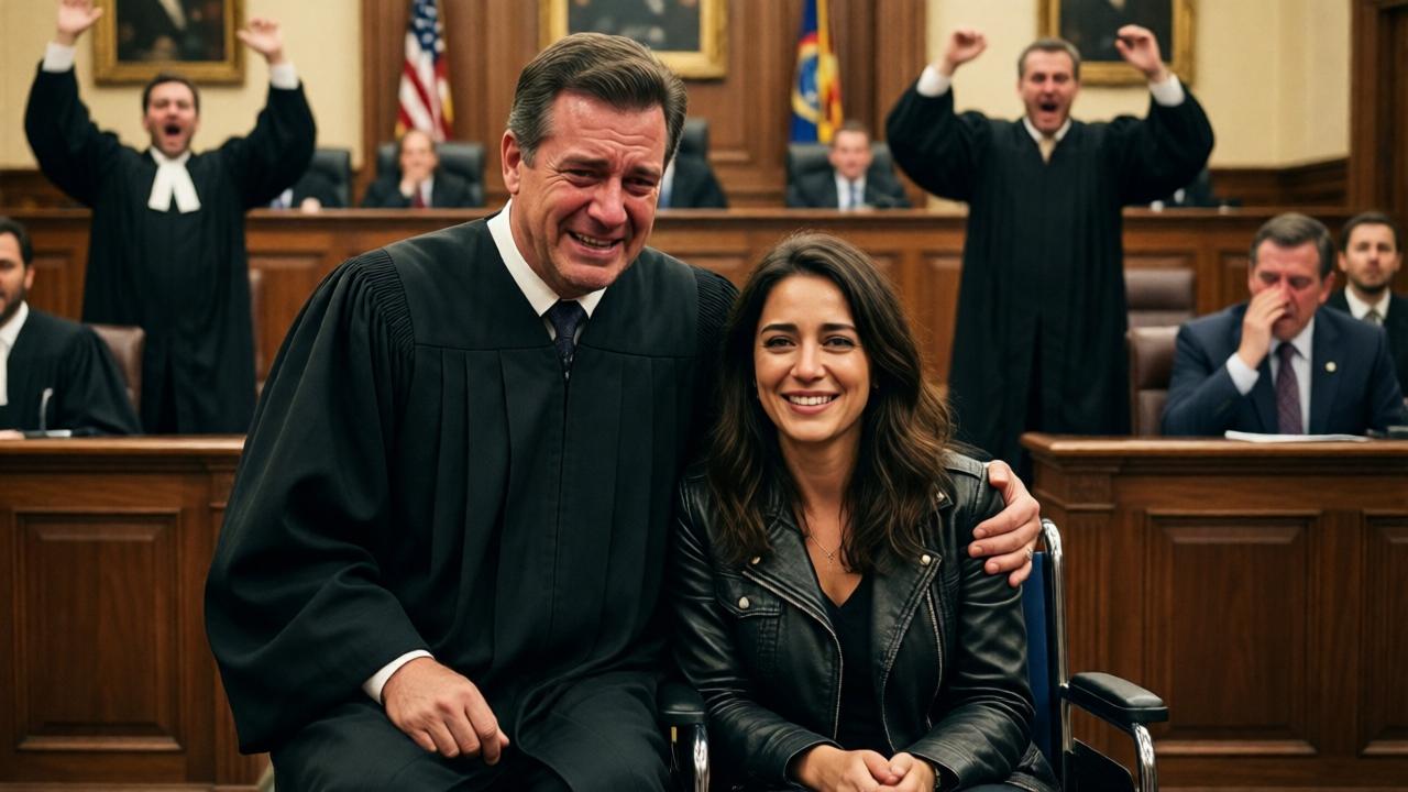 The moment of triumph. Judge Wagner stands trembling but upright next to his wheelchair, supported by Lara. His face is marked by tears and disbelieving joy. In the background, the courtroom erupts in breathless astonishment, lawyers jump from their seats, the father is crying. Lara smiles a small, tired smile. Warm, victorious light, dynamic composition, focus on the emotional liberation of the characters.
