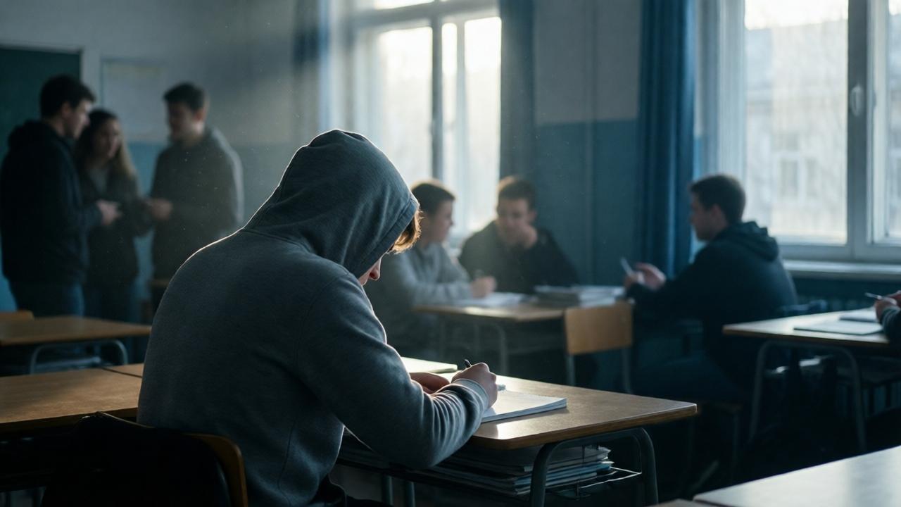 A quiet, dimly lit classroom from the perspective of the back row. A teenage boy with a grey hoodie pulled up sits alone at a desk, his head bowed over a notebook. Morning light slants through dusty windows, illuminating floating dust particles. The rest of the classroom is slightly out of focus, with other students chatting in groups. The mood is isolating and melancholic, with cool tones dominating. Cinematic, shallow depth of field, realistic style.