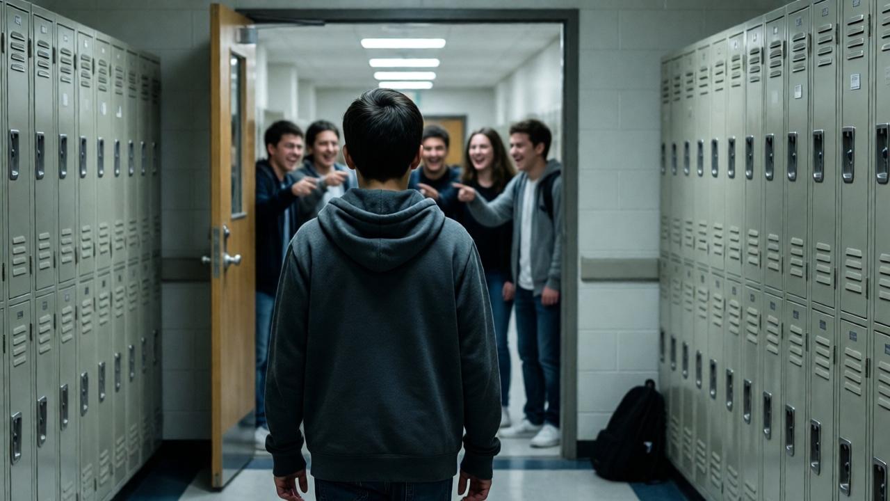 A dramatic, emotionally charged scene in a school hallway. A boy with a hoodie is walking away, his back to the viewer, shoulders slumped. Behind him, through an open classroom door, a group of teenagers are laughing and pointing, their faces blurred but expressions mocking. The hallway is long and sterile with lockers. Lighting is harsh fluorescent, creating sharp shadows. The focus is on the lonely figure walking away. Photorealistic, high contrast, evocative of a poignant film still.