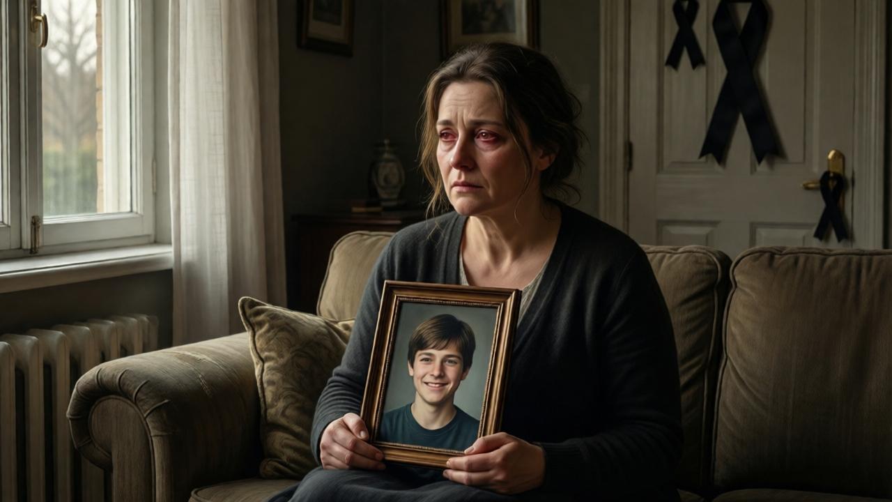 An intimate, sorrowful interior scene. A mother in her 40s sits on a sofa in a modest living room, holding a framed photo of her smiling teenage son. She looks exhausted, with red-rimmed eyes, staring into the distance. Soft, sad afternoon light filters through a window with a sheer curtain. In the background, a door is visible with black mourning ribbons. The atmosphere is heavy with grief and silence. Rembrandt-like lighting, oil painting style, deeply emotional and realistic.