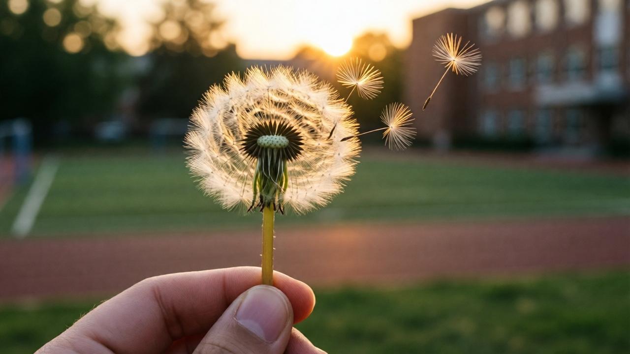 A symbolic, hopeful image. A single, delicate dandelion clock with its seeds almost ready to take flight, held gently in a young person's hand against a soft-focus background of a schoolyard. The seeds are illuminated by warm, golden sunset light, representing fragility and the spreading of a message. The mood is bittersweet and reflective. Shallow depth of field, ethereal lighting, photorealistic with a touch of magical realism.