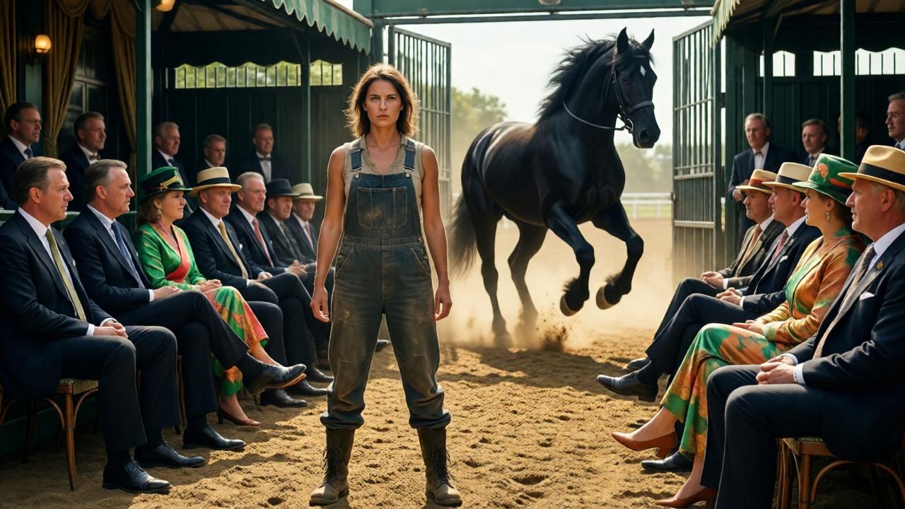 A dramatic scene at an upscale racetrack club. A woman in worn overalls and muddy boots stands defiantly in the center of a sun-drenched arena, facing a row of elegantly dressed millionaires seated in shaded boxes. A massive, furious black stallion is visible in a metal gate in the background, kicking up dust. The lighting is harsh midday sun creating deep shadows, colors are rich browns, greens, and the stark black of the horse against the wealthy patrons' bright silks and hats. Cinematic, tense mood.