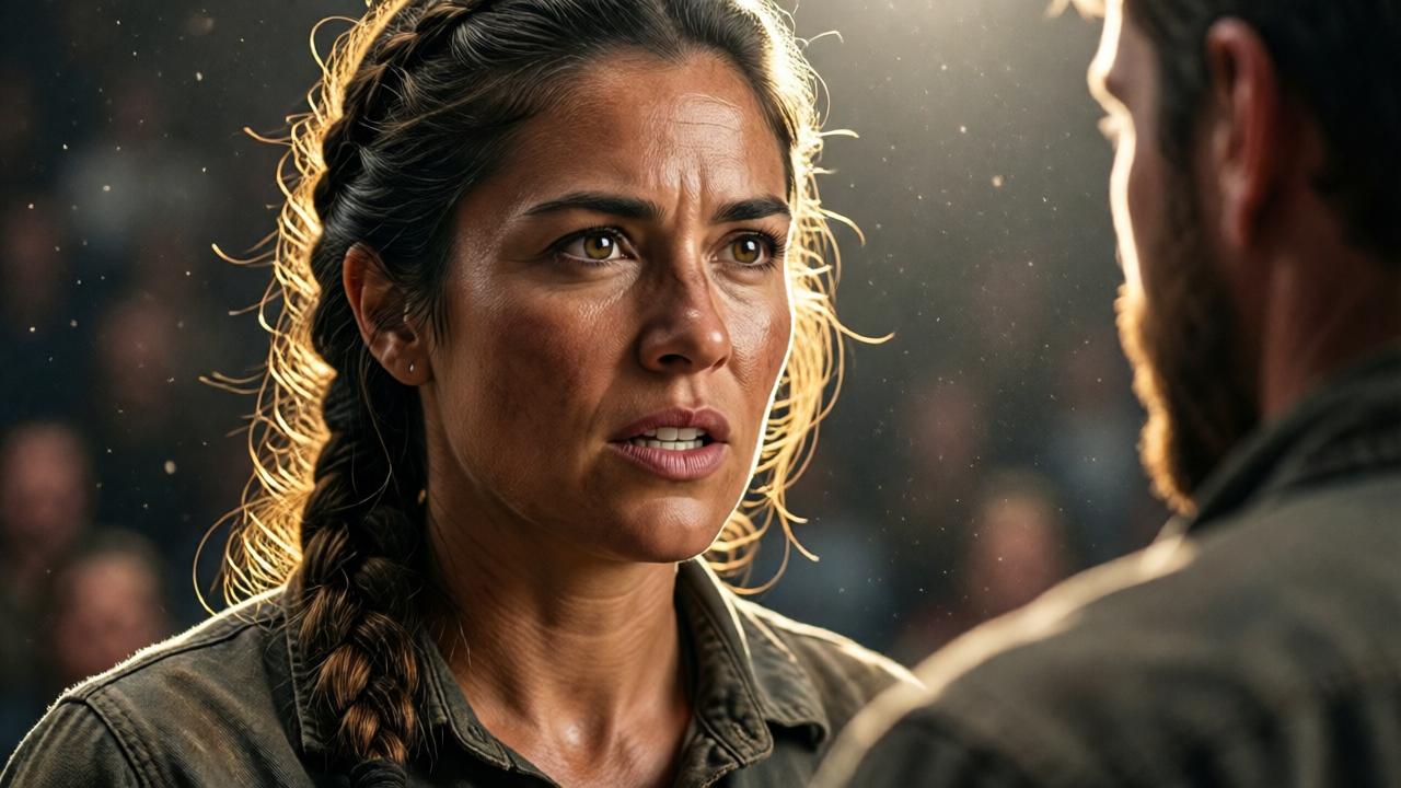 Close-up portrait of Katharina Mendoza speaking with fierce, calm determination. Her face is weathered but strong, her hair in a practical braid, eyes locked on an off-screen opponent. She is backlit by arena lights, highlighting the dust motes in the air and the rough texture of her work clothes. The mood is one of unwavering resolve, with a shallow depth of field blurring the luxurious background. Style is photorealistic with dramatic lighting.