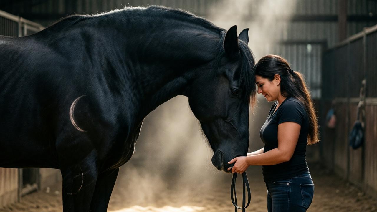 The emotional moment of recognition between horse and woman. The massive black stallion, Vulkan, has calmed completely, its head lowered gently into the hands of Katharina Mendoza who stands with her forehead touching his. The scene is in the shadowy stall area, a shaft of light illuminating the dust and the connection between them. The horse's powerful muscles are relaxed, and the crescent-shaped scar on its hind leg is clearly visible. Mood is tender, triumphant, and deeply emotional.
