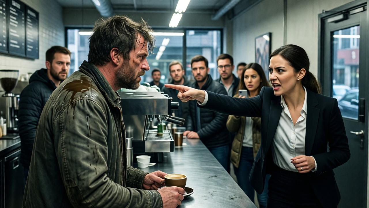 A dramatic, cinematic scene inside a modern coffee shop. A disheveled man in a worn, wet jacket stands at the counter, coffee dripping from his shoulder. A furious, well-dressed female manager points aggressively towards the door. In the background, customers look on with mixed expressions of shock, amusement, and indifference, some holding up smartphones. The lighting is harsh fluorescent, casting sharp shadows, with a mood of tense confrontation. Style: photorealistic, high contrast.