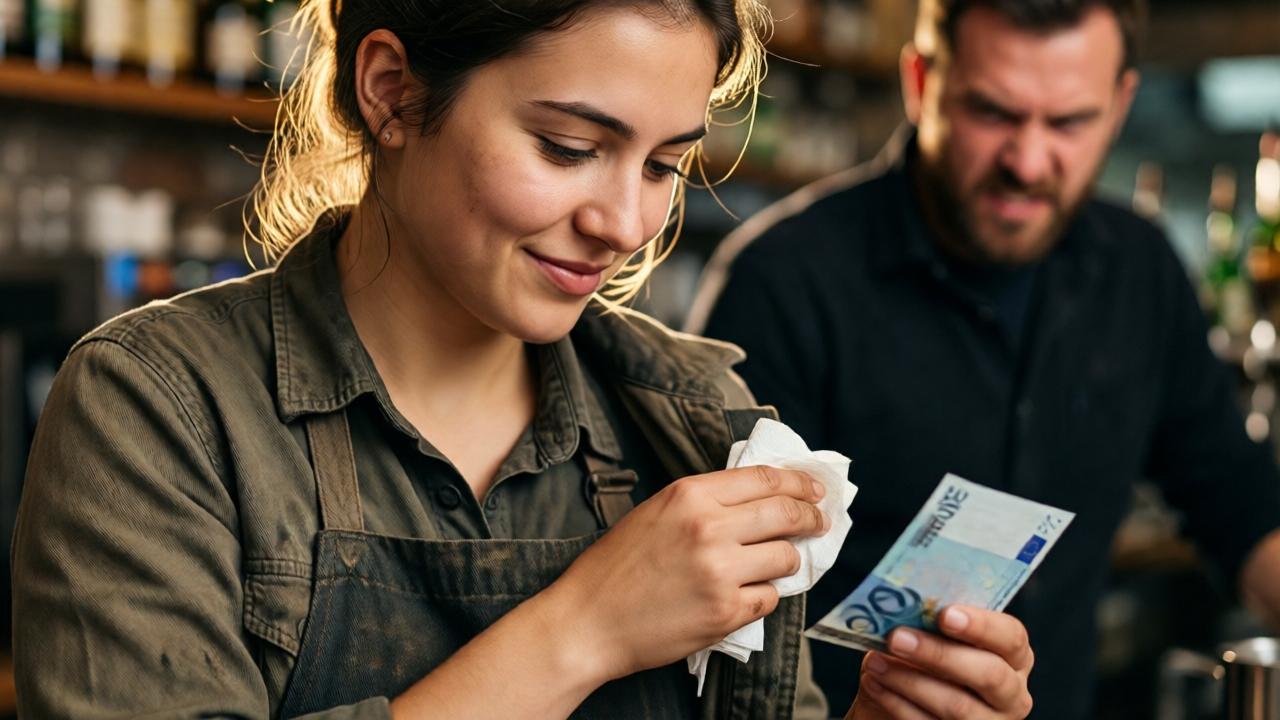 A close-up, intimate shot of a young barista with a kind expression. She is gently dabbing a wet, dirty jacket with napkins, her hand offering a 20-euro note. Her apron is slightly stained, and her focus is entirely on helping, showing empathy and defiance. In the blurred background, the angry manager is a out-of-focus figure. Lighting is warm and soft on the barista, creating a halo effect against the harsh environment. Style: emotional portrait, shallow depth of field.