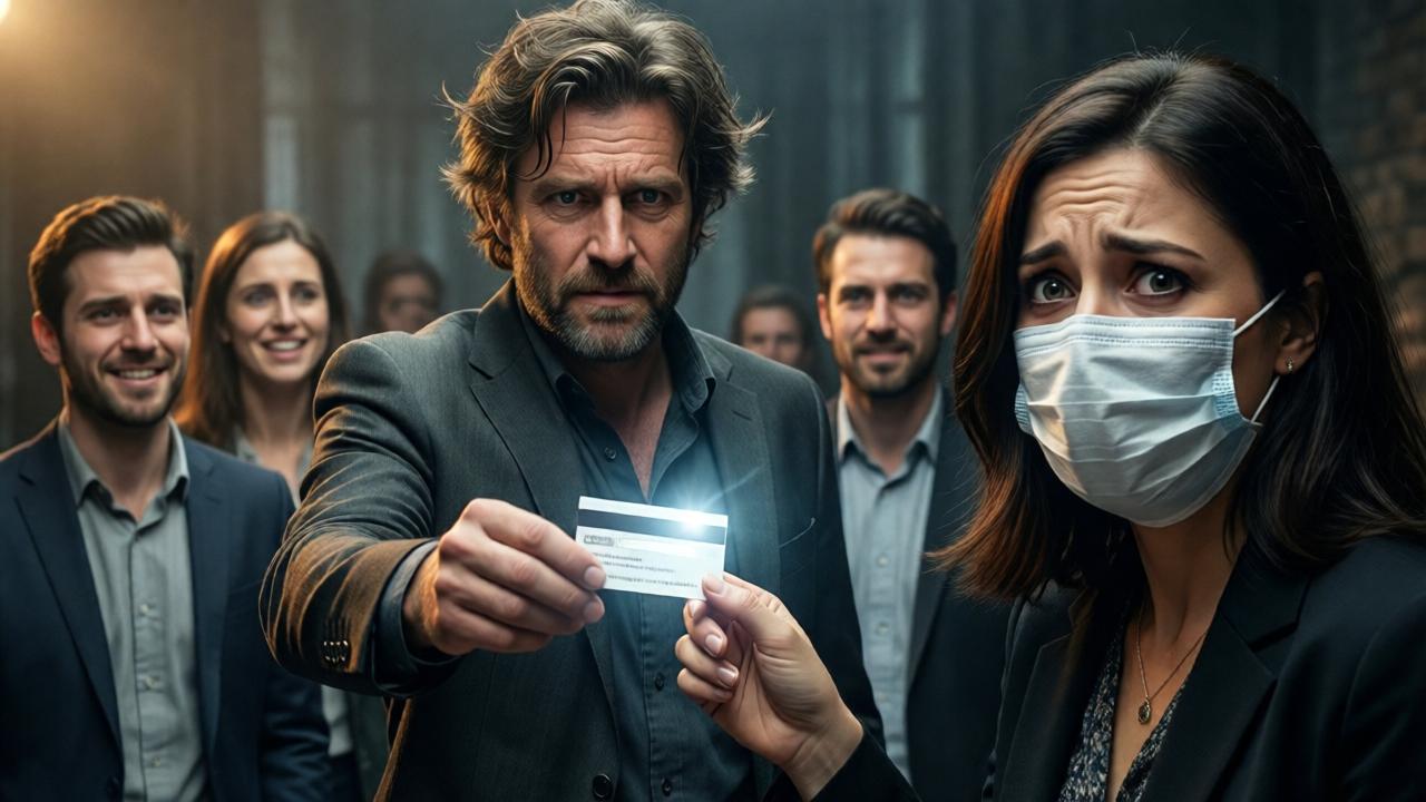 A powerful moment of revelation. The disheveled man stands tall, holding out a white business card. The manager is in the foreground, her hand trembling as she takes it, her face a mask of shock, fear, and dawning horror. The previously smirking customers in the background now look stunned and apprehensive. The lighting shifts to dramatic, with a spotlight effect on the business card and the man's determined eyes. Style: dramatic realism, capturing the instant of power reversal.