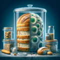 Ein Glas mit geschnittenem Brot, eine Hälfte frisch, die andere Hälfte mit Schimmel bedeckt, umgeben von Lebensmittelgläse
