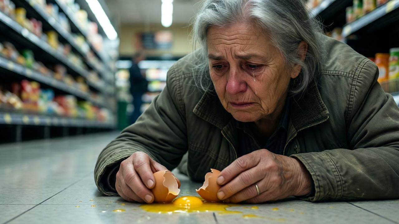 A poignant close-up scene in a grocery store aisle. An elderly woman with silver hair and a worn jacket looks down in despair at a broken egg at her feet, its yolk splattered on the polished floor. Fluorescent lighting from above creates harsh shadows on her face, highlighting her tears and deep worry lines. The background is softly blurred, focusing on her trembling hands and the stark contrast between the vibrant yellow yolk and the sterile white floor. Cinematic, emotional, photorealistic style.