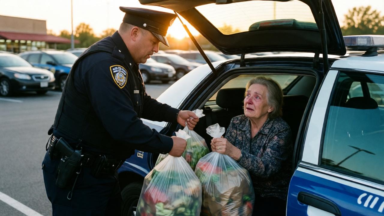 A powerful moment in a grocery store parking lot at dusk. A police officer in uniform is placing two full, heavy bags of groceries into the back seat of his patrol car, where an elderly woman sits looking up at him with tearful, disbelieving eyes. The warm golden light of the setting sun creates a halo effect around them, contrasting with the cool blue of the police car. The scene is captured from a medium distance, emphasizing the humanity and connection between the two figures. Style is photojournalistic, candid, and emotionally resonant.