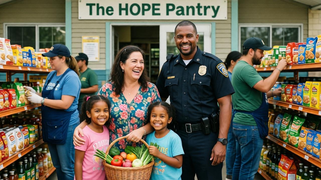 A heartwarming community scene weeks later. Maria, her two smiling grandchildren, and Officer Carter stand together outside a renovated community center named 'The Hope Pantry'. They are surrounded by volunteers stocking shelves with food. The mood is joyful and hopeful, with bright daylight and vibrant colors. Maria holds a basket of fresh produce, laughing. The composition shows a transformed reality from the initial desperation, symbolizing healing and support. Style is bright, documentary-style photography with a warm, uplifting tone.