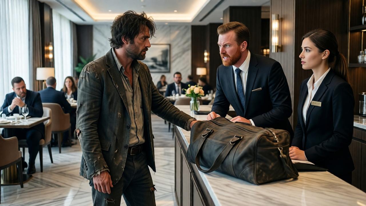 A dramatic scene in a luxurious, modern restaurant with marble floors and soft lighting. A disheveled man in torn clothes stands confidently beside a worn travel bag on a counter. A furious, red-faced manager in a suit glares at him, while a compassionate young female receptionist looks on with concern. In the background, the restaurant's wealthy patrons watch in stunned silence. The composition is cinematic, with a focus on the contrast between the ragged protagonist and the opulent setting. Mood is tense and anticipatory.