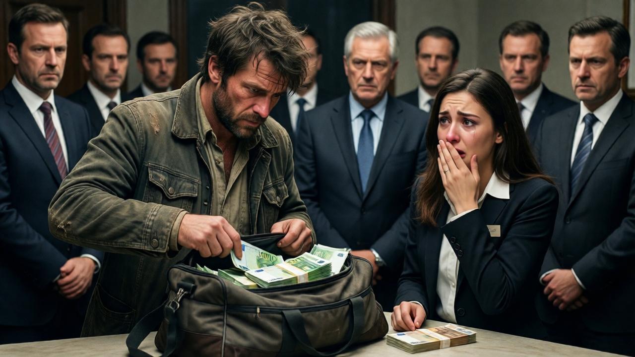 A powerful moment of revelation. The disheveled man is now standing tall, unzipping a worn travel bag on a counter to reveal stacks of euro banknotes. A young woman, the kind receptionist, looks on in tearful shock with her hand over her mouth. A group of stern, well-dressed corporate board members stand behind them, observing the scene. The lighting is dramatic, highlighting the money and the emotional expressions. The style is photorealistic with a focus on raw human emotion and the stark contrast between wealth and perceived poverty.