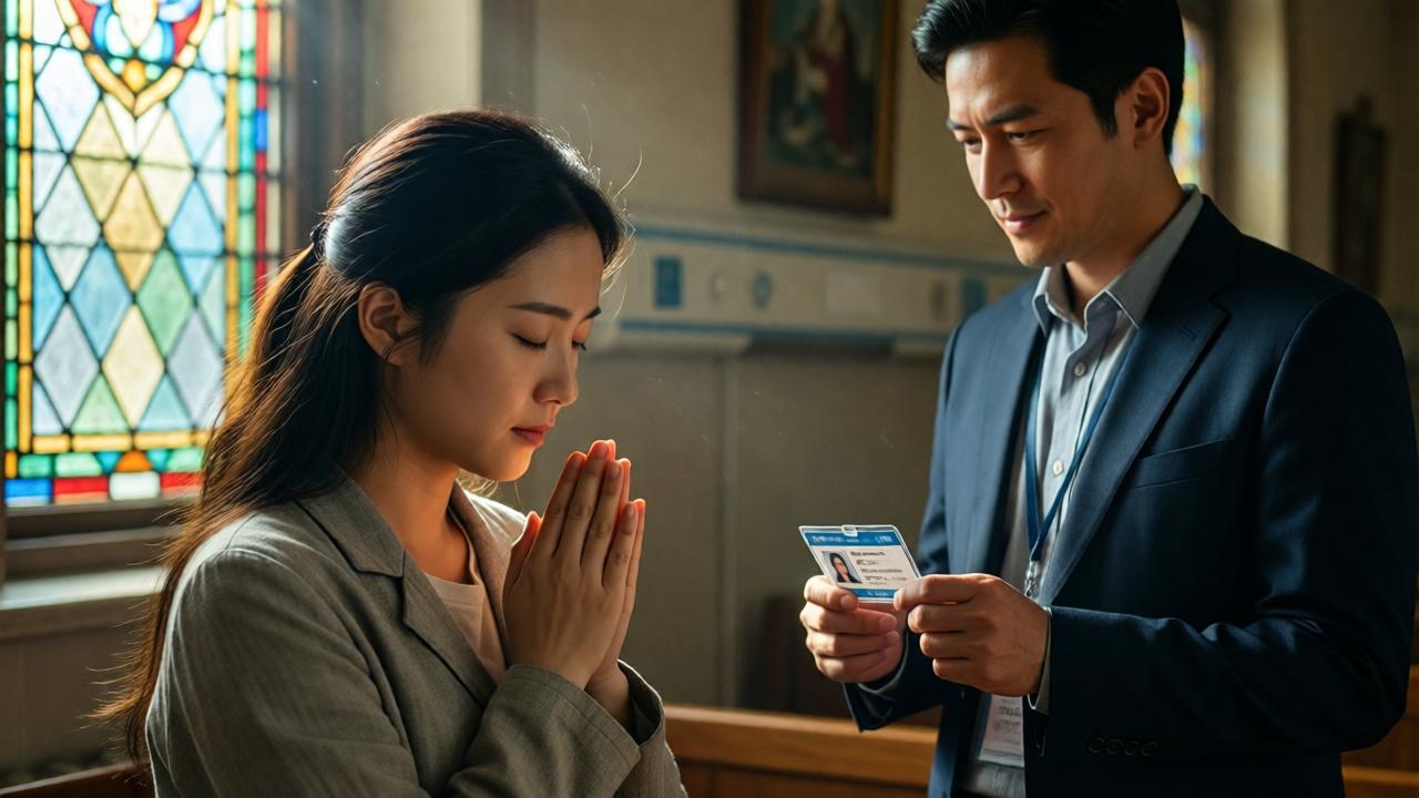 A poignant scene in a hospital chapel alcove, soft light filtering through a stained-glass window. A young woman in simple clothes is praying with her eyes closed, hands clasped tightly. A man stands a few feet away, holding an ID card, his expression one of gentle realization. The mood is solemn yet hopeful, with warm and cool light interplaying on their faces. Cinematic, shallow depth of field, focusing on the emotional connection.