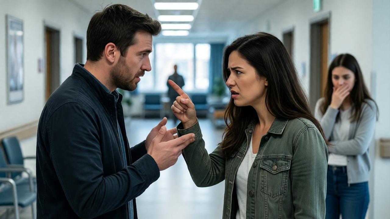 A tense argument in a bright, modern hospital lobby. A man is trying to explain himself to an angry woman who is pointing a finger accusingly. Their body language is defensive and closed off. In the background, the blurry figure of the young lady from the chapel watches from a distance, her hand over her mouth. High-contrast lighting, a sense of drama and rupture. Photorealistic style, capturing the raw emotion of the moment.
