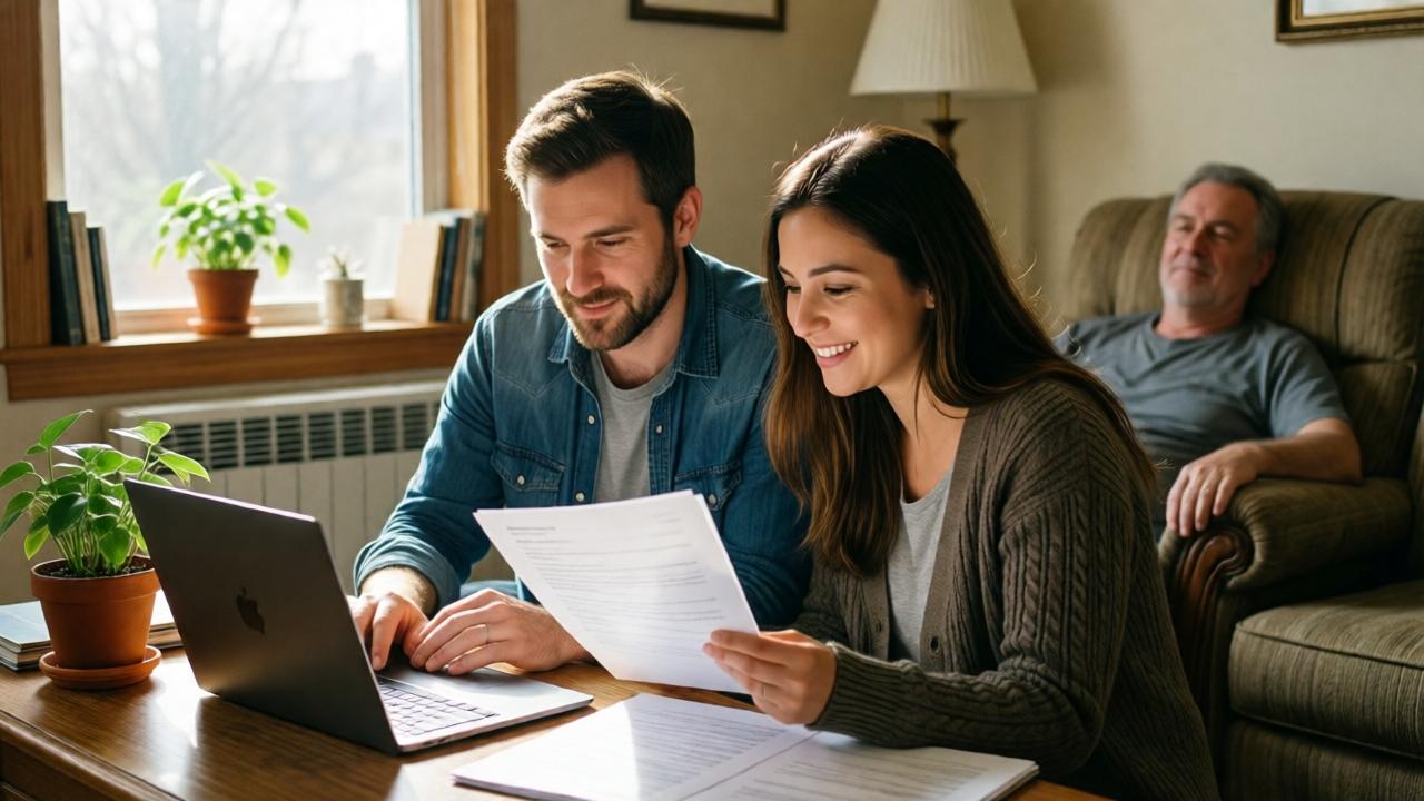 A hopeful scene weeks later. The man and Maya are in a cozy, modest living room, reviewing job applications on a laptop. Sunlight streams through a window, illuminating papers and a small potted plant. Maya's father is visible in the background, resting in a recliner, looking healthier and peaceful. The mood is warm, collaborative, and full of quiet determination. A sense of a new chapter beginning. Soft, natural lighting, inviting composition.