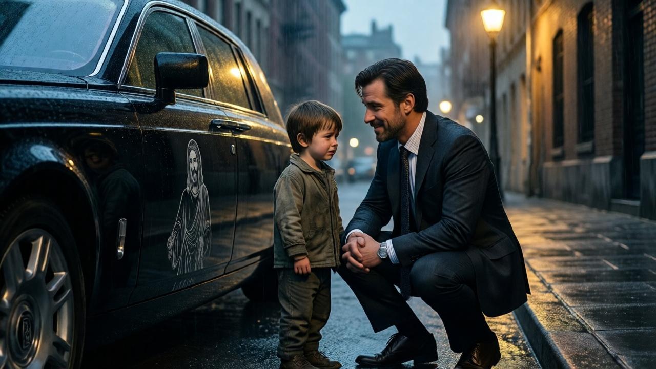 A cinematic scene in a dimly lit, rain-slicked urban alley at dusk. A well-dressed, kind-eyed man kneels before a small, tearful boy in worn clothes. Between them is a sleek, black Rolls-Royce Phantom, its pristine door panel bearing a simple, heartfelt pencil drawing of Jesus. The mood is poignant and transformative, with soft golden light from a streetlamp illuminating the two figures, casting long shadows. The composition is intimate, shot from a low angle to emphasize the connection, with cool blue tones contrasting the warm light.