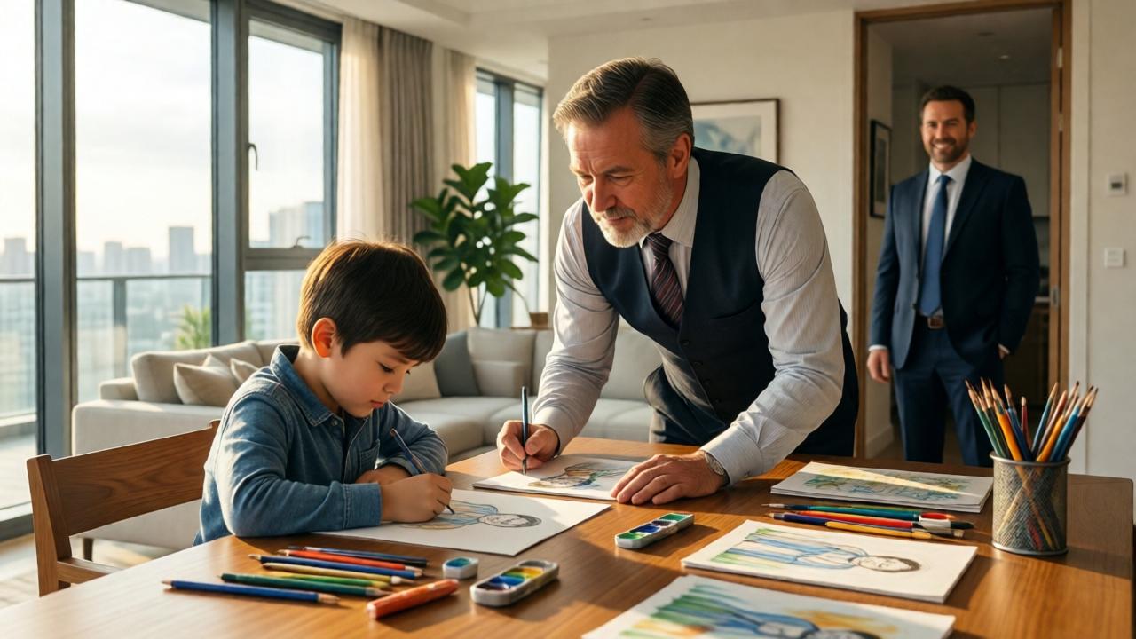 A warm, sunlit modern penthouse living room. A young boy is focused on drawing at a large wooden table covered in art supplies. A formerly stern chauffeur, now in casual clothes, looks at a drawing the boy has given him, his expression one of profound emotion and gratitude. In the background, the successful businessman watches the scene with a soft, contented smile from the doorway. The mood is domestic, peaceful, and full of healing. Morning light streams through floor-to-ceiling windows, highlighting the connection between the three unlikely family members.
