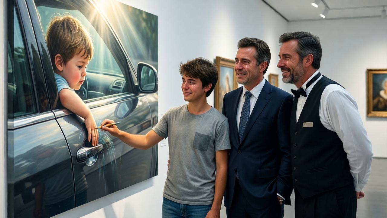 An emotional scene in a sleek, white art gallery years later. A teenage artist stands proudly between his adoptive father, a successful businessman, and the former chauffeur, now a close family friend. They are looking at a large, beautiful painting that depicts a child's hand drawing on a car door, with ethereal light shining down. The mood is triumphant and reflective. The gallery lighting is soft and dramatic, focusing on the trio and the symbolic painting. All three men have tears of joy in their eyes, embodying a complete journey from loss to found family.