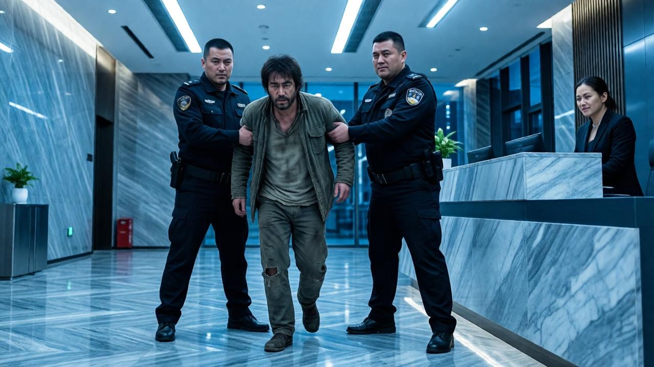 A dramatic scene in a sleek, modern corporate lobby with cold, blue-toned marble floors and harsh overhead lighting. A man in faded, humble clothing is being forcefully escorted by two large security guards in dark uniforms. The receptionist looks on with a smug, dismissive expression. The composition is from a low angle, emphasizing the power imbalance and the protagonist's vulnerability. The mood is tense and humiliating, with sharp shadows and a sterile color palette.