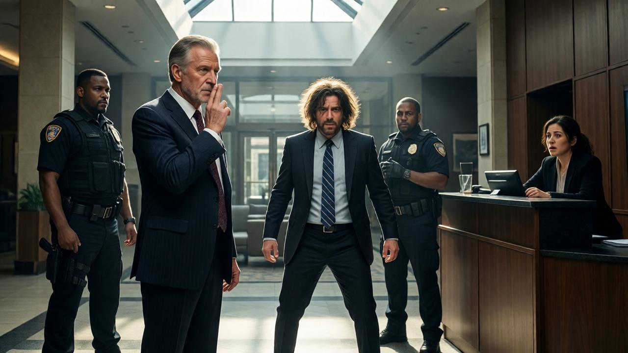 A powerful moment in the corporate lobby. An elderly, distinguished man in a sharp suit, Mr. Alden, stands with an aura of authority, one hand raised to command silence. The two security guards have frozen, releasing the protagonist, who stands disheveled but defiant in the center. The receptionist looks horrified. The lighting is dramatic, with a shaft of light from the atrium windows highlighting the protagonist and Mr. Alden, creating a cinematic and tense mood. The composition uses leading lines towards the two central figures.