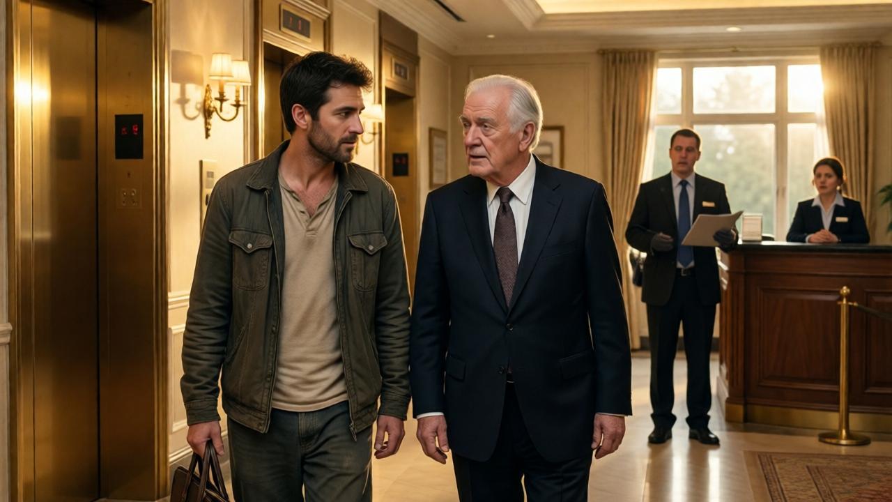 The protagonist, Michael, and the elderly Chairman Alden walking side-by-side towards a bank of elevators in the luxurious lobby. Michael is still in his humble clothes but now walks with quiet dignity, while Alden speaks to him earnestly. In the background, the stunned security manager and receptionist are frozen in place, realizing their grave mistake. The lighting is warmer now, golden hour light streaming through windows, symbolizing a shift in power and perspective. The mood is one of quiet triumph and impending change.