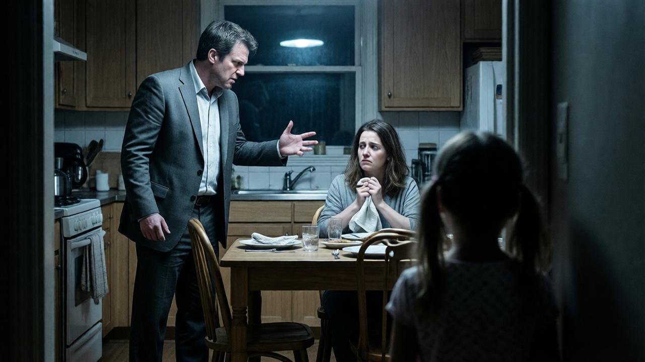 A dimly lit, tense kitchen at night. A man in a rumpled suit stands angrily, gesturing at a dinner table. A woman with tired eyes looks away, clutching a dish towel. In the blurred foreground, a small girl is seen from behind, peeking from a dark hallway, her silhouette framed by the harsh light from the kitchen. The mood is oppressive, with high-contrast lighting casting long shadows. The color palette is desaturated blues and grays, emphasizing the coldness of the conflict.