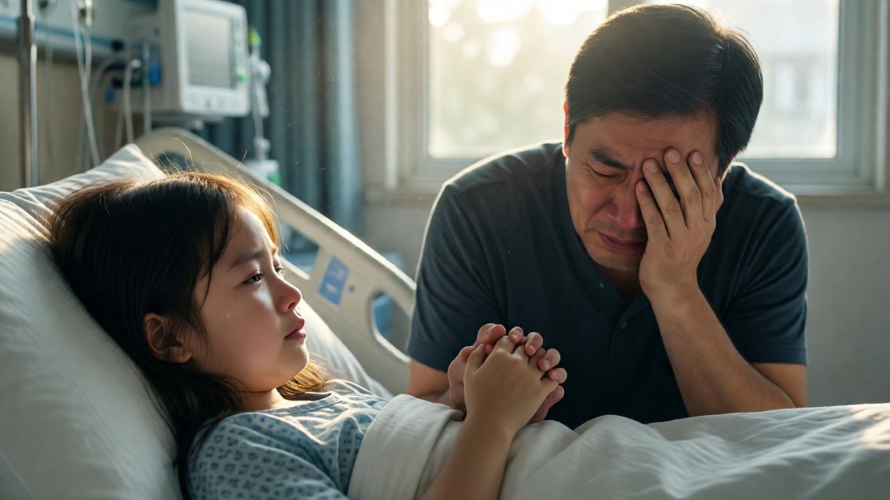 A poignant, close-up shot in a hospital room. A young girl lies pale on a white bed, her small hand held tightly by her weeping mother. The father stands behind them, his face buried in one hand, his shoulders shaking with silent sobs. Soft, early morning light filters through a window, illuminating dust motes and creating a halo effect. The focus is shallow, blurring the medical equipment, centering on the raw emotion and the connected hands. The mood is one of profound grief and tragic love.