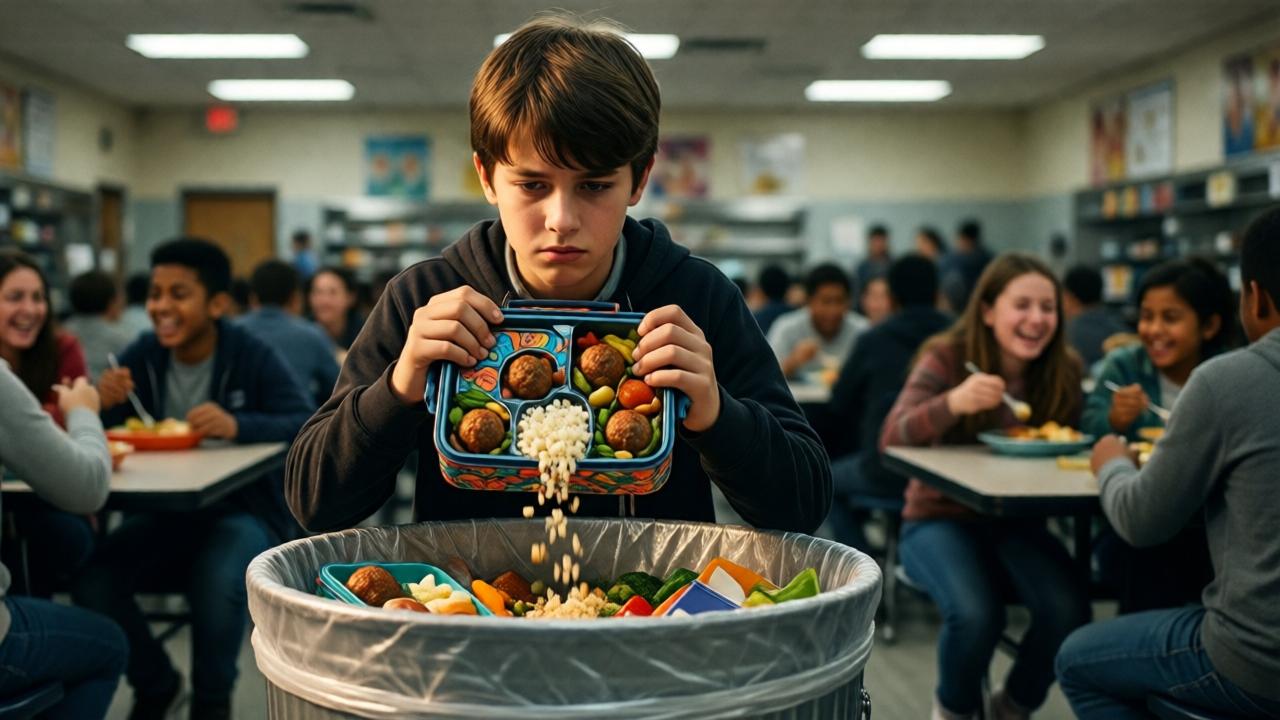 A detailed, emotionally charged scene in a middle school cafeteria. A boy, around 12 years old, stands alone by a large silver trash bin, his back to the bustling room. He is holding a vibrant, patterned lunchbox over the bin, its contents—homemade meatballs, rice, and vegetables—spilling into the garbage. His expression is one of pained resolve and shame. In the soft background blur, other children laugh and eat at tables. The lighting is harsh fluorescent from above, casting sharp shadows, with a warm, lonely spotlight effect on the boy and the discarded food. Cinematic, dramatic style.