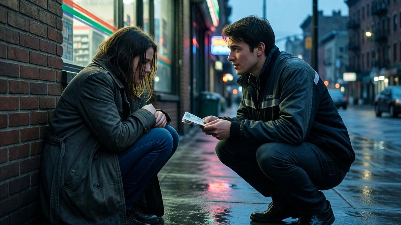 A cinematic street scene at dusk in a rainy city. A woman in a worn, dark coat sits huddled against a brick wall, her face partially hidden. A young man in a delivery jacket is crouched before her, his expression kind and concerned as he offers a folded bill. The lighting is moody, with neon signs from a nearby convenience store reflecting in wet pavement puddles. The color palette is dominated by cool blues and grays, with a warm glow from the store window highlighting the interaction. Shot from a low angle to emphasize the vulnerability and connection.