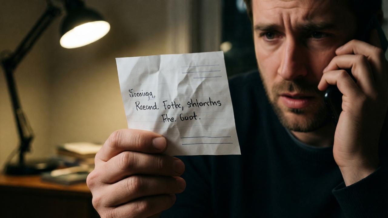 A close-up shot of a man's hand holding a crumpled piece of paper with a handwritten address. The background is a modest, dimly lit apartment room. The man's other hand holds a phone to his ear, his expression is one of acute stress and desperation. Soft, dramatic lighting from a single desk lamp casts deep shadows, highlighting the tension in his knuckles and the faint hope represented by the note. The mood is intimate and anxious.