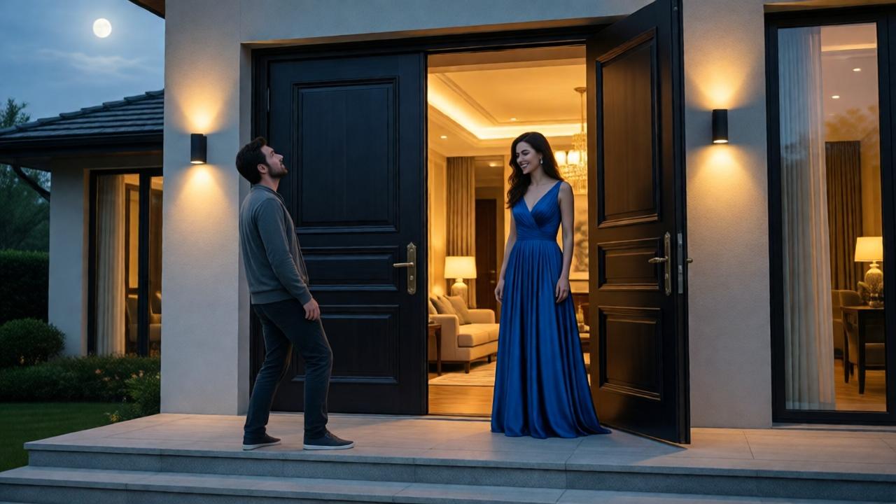 A dramatic evening scene at the entrance of a stunning, minimalist modern mansion. A man in simple, clean clothes stands awkwardly on the steps, looking up in awe. The massive front door is open, revealing a warmly lit, luxurious interior. A breathtaking woman in an elegant, flowing blue evening gown stands in the doorway, smiling enigmatically down at him. The contrast between his humble appearance and her opulent world is stark. The lighting is dramatic, with soft golden light spilling from the house and cool moonlight above, creating a sense of magical transformation and impending drama.