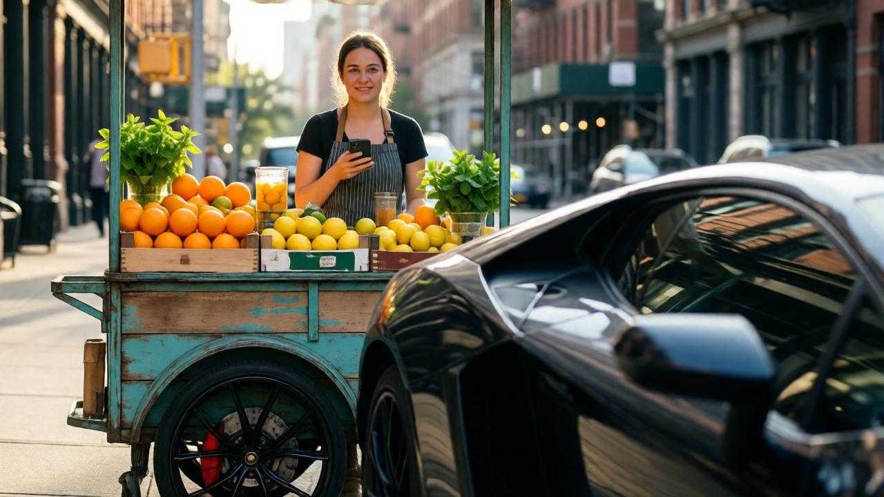 A cinematic scene on a sun-drenched urban street. A young woman, Emily, stands proudly behind a vibrant, rustic juice cart overflowing with oranges, lemons, and mint. She wears a simple but clean apron, holding an iPhone 12 with a genuine, quiet smile. In the foreground, out of focus, is the sleek, black door of a Lamborghini. The contrast is stark: the organic warmth of the cart versus the cold, metallic luxury of the car. Style is photorealistic with a shallow depth of field, mood is tense yet hopeful, lighting is bright and contrasty with long shadows indicating late afternoon.