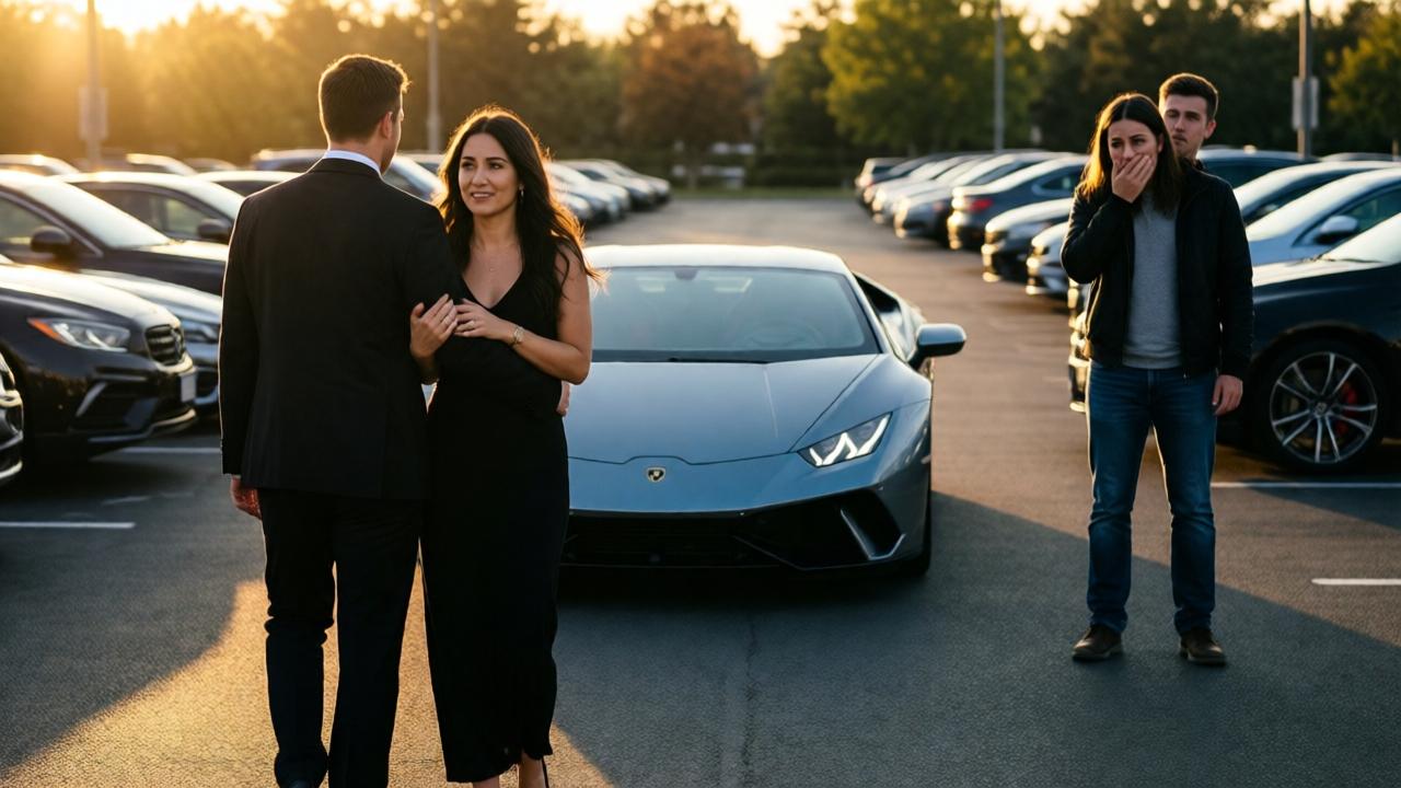 The powerful conclusion in the parking lot. Emily and her fiancé, now clearly a confident, successful couple, are walking away towards a sleek silver Lamborghini. The fiancé has his arm around her. In the background, Leah stands completely still, her hand over her mouth in shock and humiliation, her boyfriend looking equally stunned. The lighting is golden hour, casting long, dramatic shadows and a warm glow on Emily, while Leah is in cooler shadow. Style is cinematic photography, mood is victorious and poetic, composition uses leading lines towards the luxury car, emphasizing Emily's journey.
