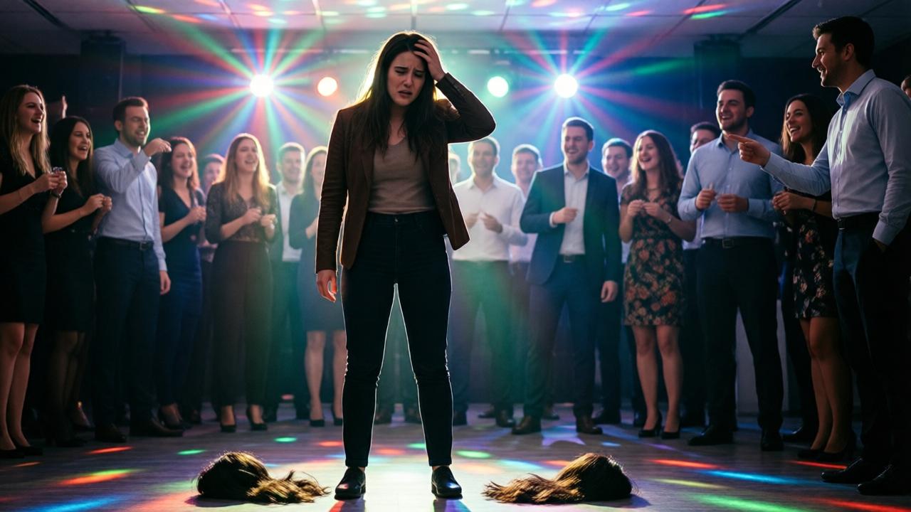 A dramatic, cinematic scene in a modern office party space. A young woman, Elena, is seen from a low-angle, backlit by colorful disco lights, standing alone on a dance floor. Her expression is one of profound shock and humiliation, her hand slightly raised to her head. In the blurred background, a crowd of co-workers are laughing, some pointing, their faces twisted in amusement. A synthetic wig lies discarded at her feet. The lighting is harsh and theatrical, with deep shadows and vibrant, garish colors, emphasizing her isolation. Shot with a 35mm lens for a raw, intimate feel.