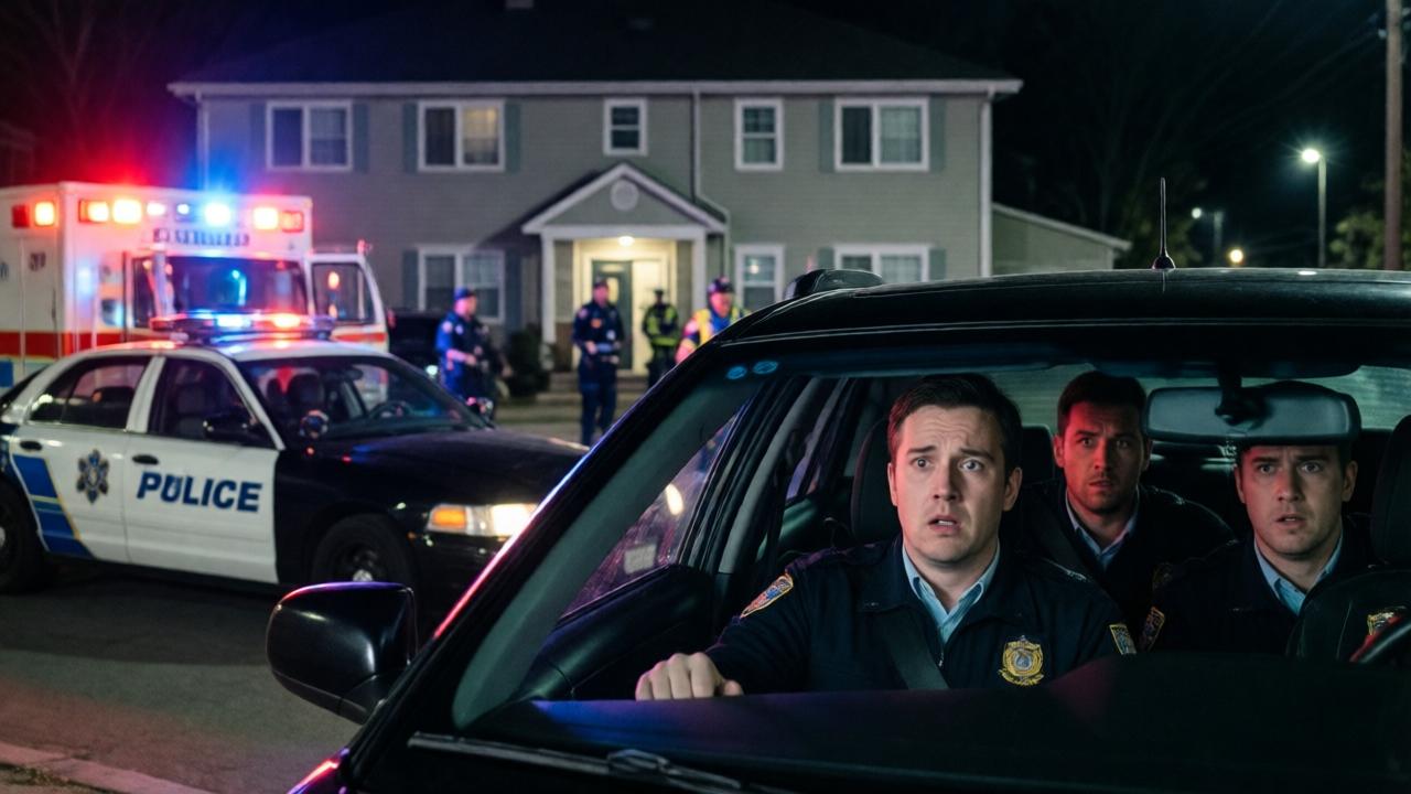 A tense, night-time scene on a residential street. A group of three co-workers, including a visibly shaken Reed, are shown from inside their car, looking out the windshield with expressions of dread and shock. Their faces are illuminated by the pulsating red and blue emergency lights. Outside, an ambulance and a police car are parked haphazardly in front of a modest apartment building. Paramedics are visible, moving with purpose near the building's entrance. The mood is suspenseful and somber, with high contrast between the dark night and the vivid emergency lights. Cinematic, shallow depth of field.