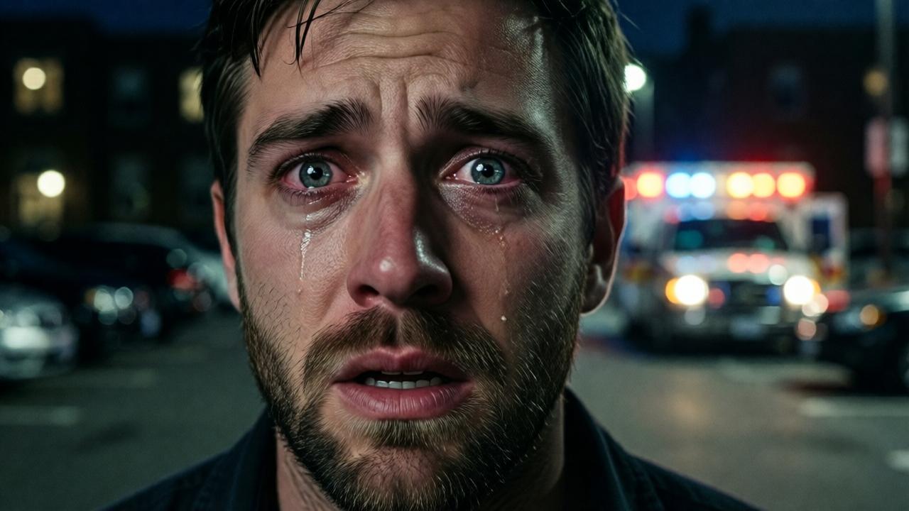 A powerful, emotional close-up of Reed's face in the dim light of the parking lot. His expression is a complex mix of dawning horror, profound guilt, and shattered arrogance. The flashing ambulance lights reflect in his wide, glassy eyes, highlighting the tears welling up. His mouth is slightly agape, as if he wants to speak but has no words left. The background is a soft blur of dark buildings and emergency vehicle glow. The style is hyper-realistic and intimate, capturing every micro-expression of remorse. Moody, dramatic lighting with high contrast.
