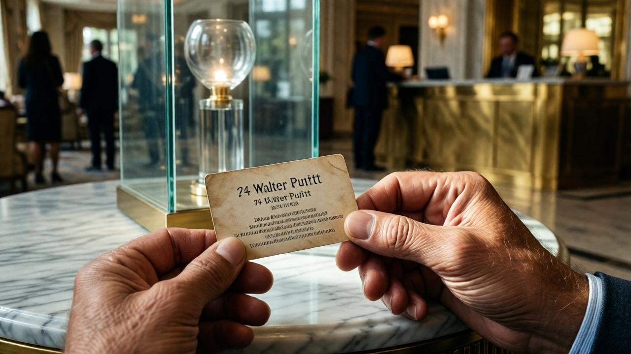Close-up of 74-year-old Walter Pruitt's hands holding a worn business card against the marble table in a luxury hotel lobby. Light from a tall glass display case falls on wrinkled fingers and faded print. In the background, blurred silhouettes of guests and the shiny concierge desk. Style: realistic photography, deep emotionality, contrast between the simplicity of the card and the luxury of the interior. Color palette: warm brown and beige tones of the card and hands against the cold marble and gold.