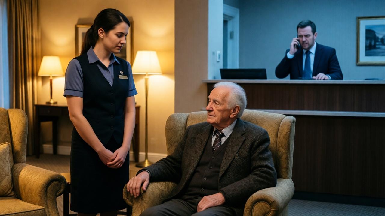 Scene in the hotel lobby: young employee Sophie in a neat uniform stands beside an armchair where the elderly Walter is seated. She looks at him with soft, yet unwavering resolve, while manager Nathan in the background, at the desk, speaks on the phone with an irritated face. The composition divides the frame into two parts: the warm, softly lit area near the armchairs and the cold, official area near the desk. Style: cinematic shot, dramatic lighting, play of light and shadow. Colors: warm golden light around Sophie and Walter, cold bluish tones around Nathan.