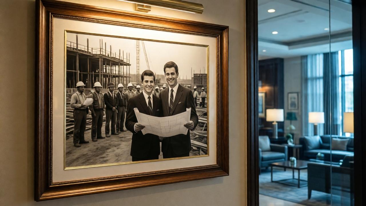 An old black-and-white photograph in a wooden frame hangs on the wall of a luxurious lobby. In the photo: a construction site, a group of workers, and two young men in suits in the center. One of them is a young Walter Pruitt, smiling, holding plans in his hands. The modern reflection in the frame's glass shows part of today's lobby. Style: nostalgic vintage photograph in contrast with the modern reflection. Lighting: a beam of light from a lamp falls directly on the photo, making it the focal point. Colors: sepia of the old image and cold tones of the modern interior in the reflection.