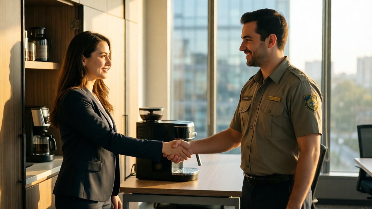 Detailed image description: Interior of a modern office, morning. Adriana in a business suit, without makeup, with a soft expression on her face, stands at the storeroom door and extends her hand for a handshake with Davi. Davi is in simple uniform, but with straight posture and a light, dignified smile. Between them is a table with a coffee machine. Warm sunlight from large windows falls on them, creating an atmosphere of a new beginning. Style: photorealism, emotional shot, depth of field. Colors: warm, natural, focus on faces.