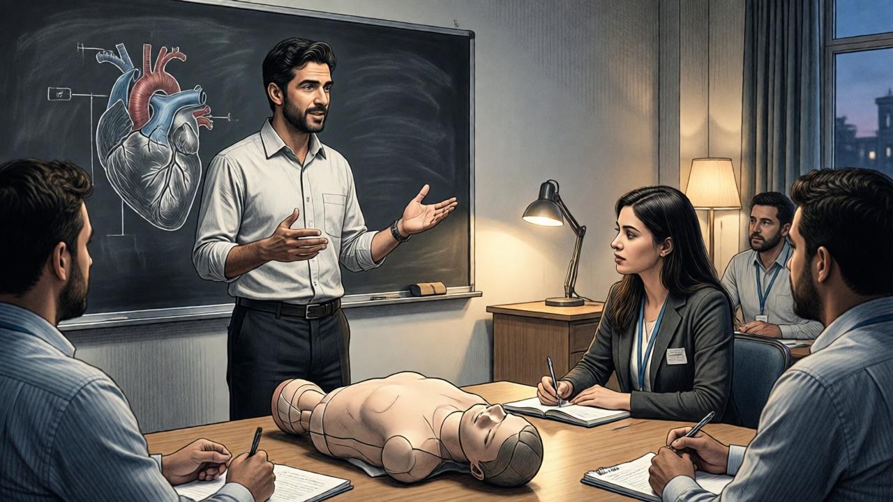 Detailed image description: Evening in a training classroom. Davi, now in dark trousers and a light shirt, stands at a blackboard with a diagram of the heart's structure. He confidently explains the material to a group of company employees, among whom Adriana sits, attentively taking notes in a notebook. On the table in front of them are mannequins for practicing cardiopulmonary resuscitation. The atmosphere is focused and respectful. Style: realistic illustration, pencil sketch with light color tinting. Lighting: warm light from desk lamps, soft shadows. Composition: medium shot, focus on Davi and his gestures.