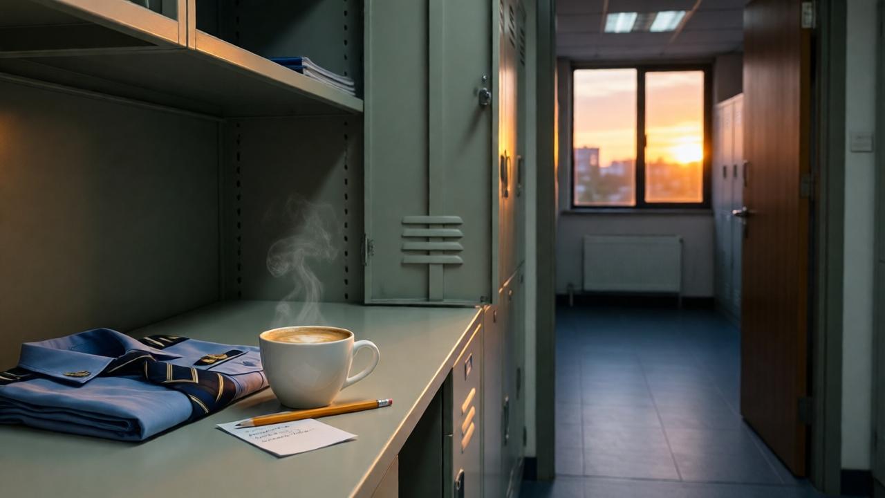 Detailed image description: Symbolic shot. An empty office storeroom in the evening, cleaning is finished. On the perfectly clean counter stands a single porcelain cup with steaming coffee, and next to it lies a neatly folded uniform and a handwritten note. Through the open door, an empty corridor and a window reflecting the sunset sky are visible. Mood: conclusion, hope, light nostalgia. Style: photograph with artistic processing, shallow depth of field, focus on the cup and note. Colors: warm, muted, golden hour.